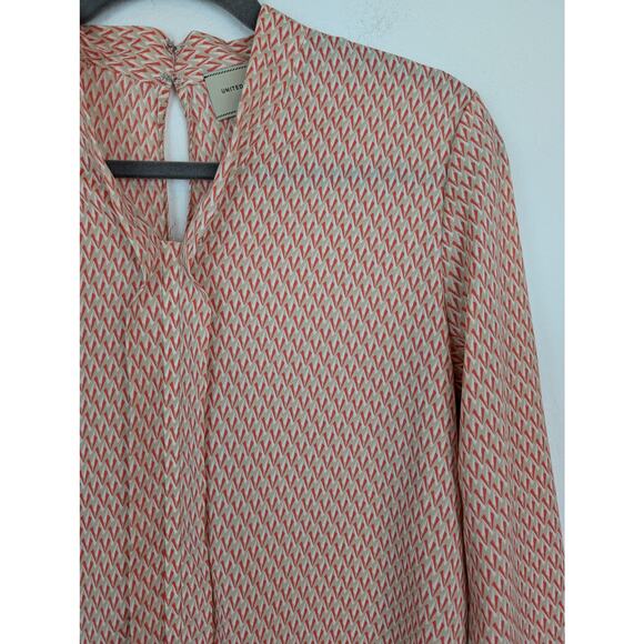 United Arrows Top Blouse Geometric Keyhole Japan Red Tan Cream Career Size 8 - Picture 2 of 10